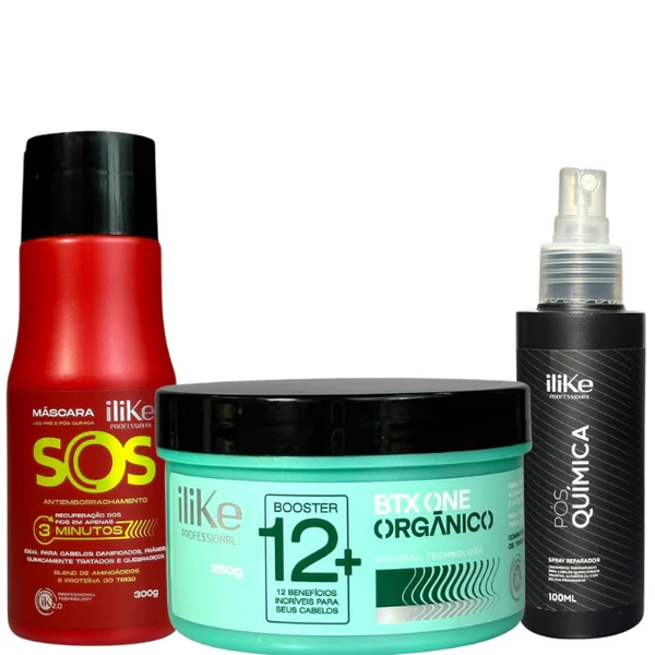 Kit Liso Orgânico Perfeito - 3 Produtos ILIKE - Btx Orgânico 250g  - Máscara SOS - Spray Pós Química