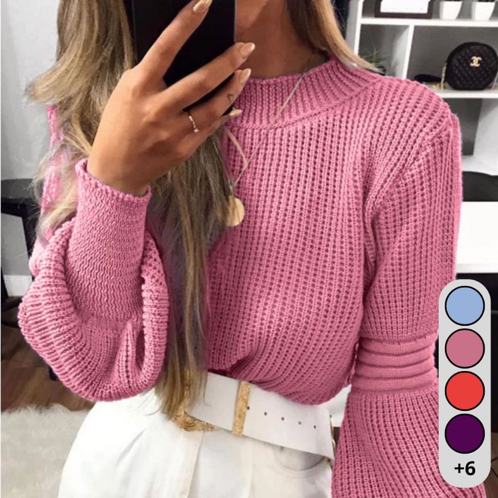 Blusa de Tricô Manga Longa Feminino Bufante Canelado Casual Inverno