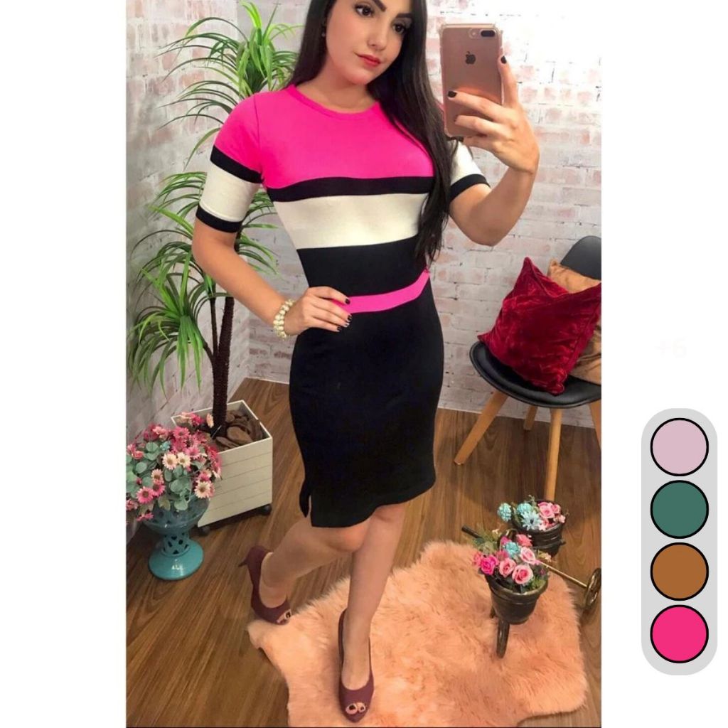 Vestido Midi Feminino Tricot Elastano Listrado Mangas Curtas Gola Redonda Fendas Fashion