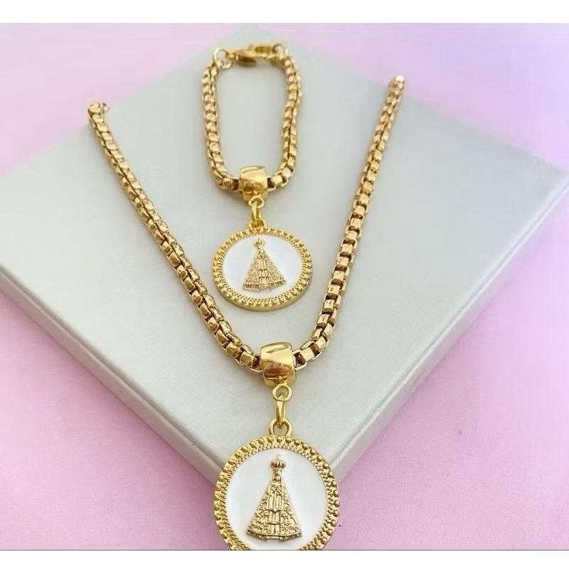 Conjunto colar e pulseira corrente cordão veneziana pingente resinado moda feminina