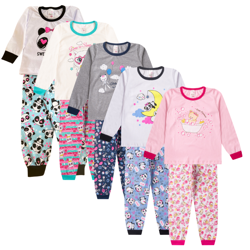 Kit sortido 4 peças pijama infantil 2 calças e 2 blusas menina meia estação inverno manga longa frio