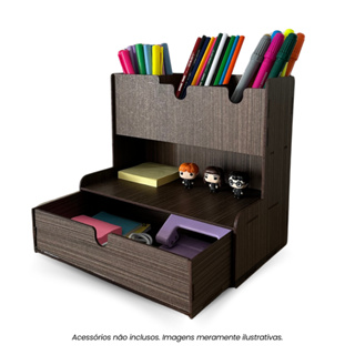Porta Lápis, Caneta e Treco Organizador de Mesa MDF Preto, Tabaco e Nogueira – Ideal para Escritório em Oferta na Shopee
