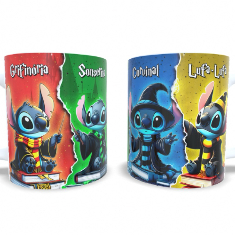 Caneca personalizada Stitch Harry Potter - Grifinória, Lufa-Lufa, Corvinal e Sonserina
