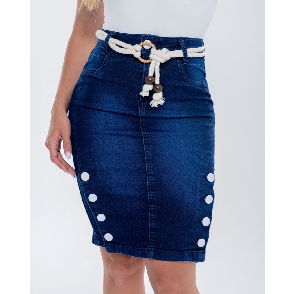 Saia Jeans Feminina Evangélica com Botões e Elastano 7 PALLAS em Oferta na Shopee