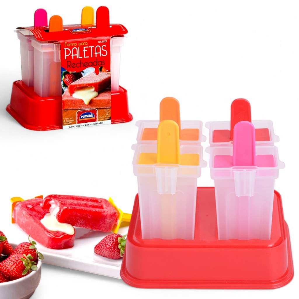 Forma p/ Picolé c/ Recheio Paleta Faz 4 Paletas Sorvetes Plasutil