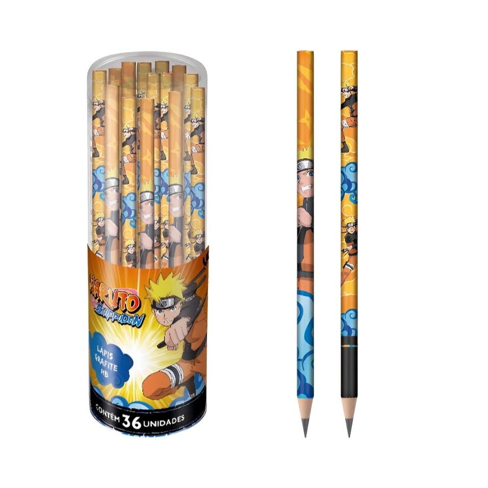 kit com 36 lapis preto dureza HB corpo redondo  do Naruto marca Tris