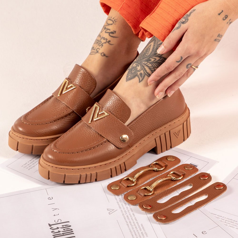 Mocassim Feminino Couro Legítimo Vittal Kit com 3 Fivelas Removíveis Marrom Caramelo em Oferta na Shopee