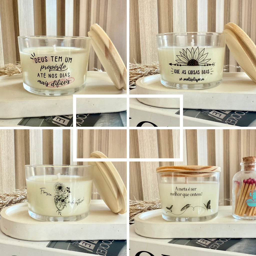 Vela aromática artesanal mensagem Inspiração no Vidro-vela Decorativa Perfumada-Com tampa de madeira