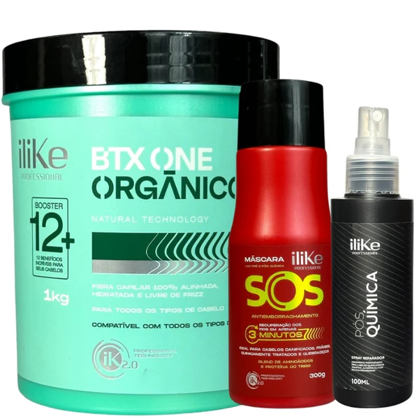 iLike Kit Liso Orgânico Perfeito - 3 Produtos - Btx Orgânico 1kg  - Máscara SOS - Spray Pós Química