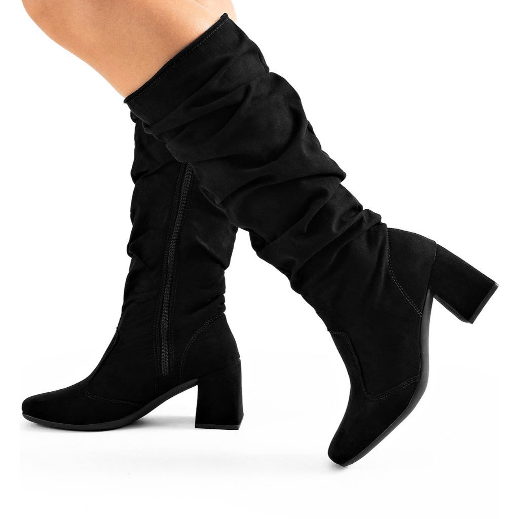 Bota Feminina Lumiss Camurça Suede Cano Alto Enrugado Salto Bloco Baixo Slouchy em Oferta na Shopee