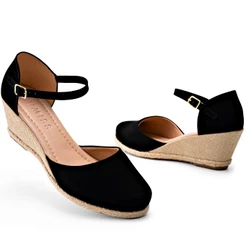 Sandália Feminina Lumiss Anabela Confortável Espadrille Corda Salto Médio Preto