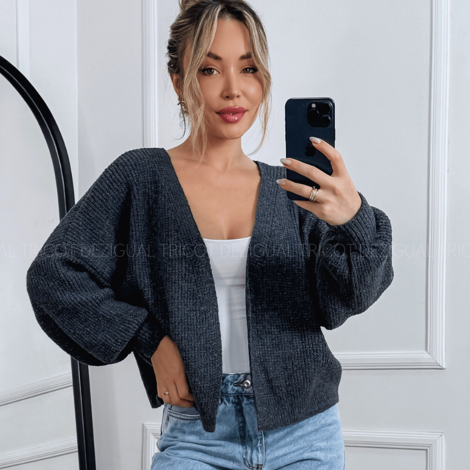 Casaco Curto Cardigan De Tricot Feminino Manga Longa Bufante Casaqueto Inverno Mousse