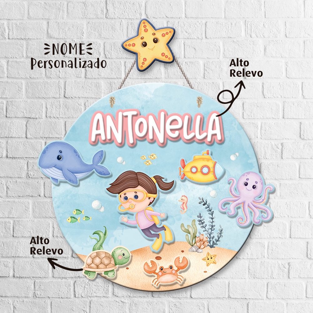 Placa Porta Maternidade MDF 3D + Pendurador - Fundo do Mar (meninas)
