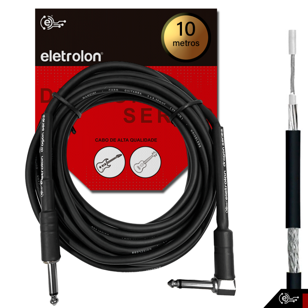 Cabo Plug P10 / P10 90º Graus Mono Para Violão Guitarra Baixo Alta Qualidade Profissional -  Disponível em Vários Metros