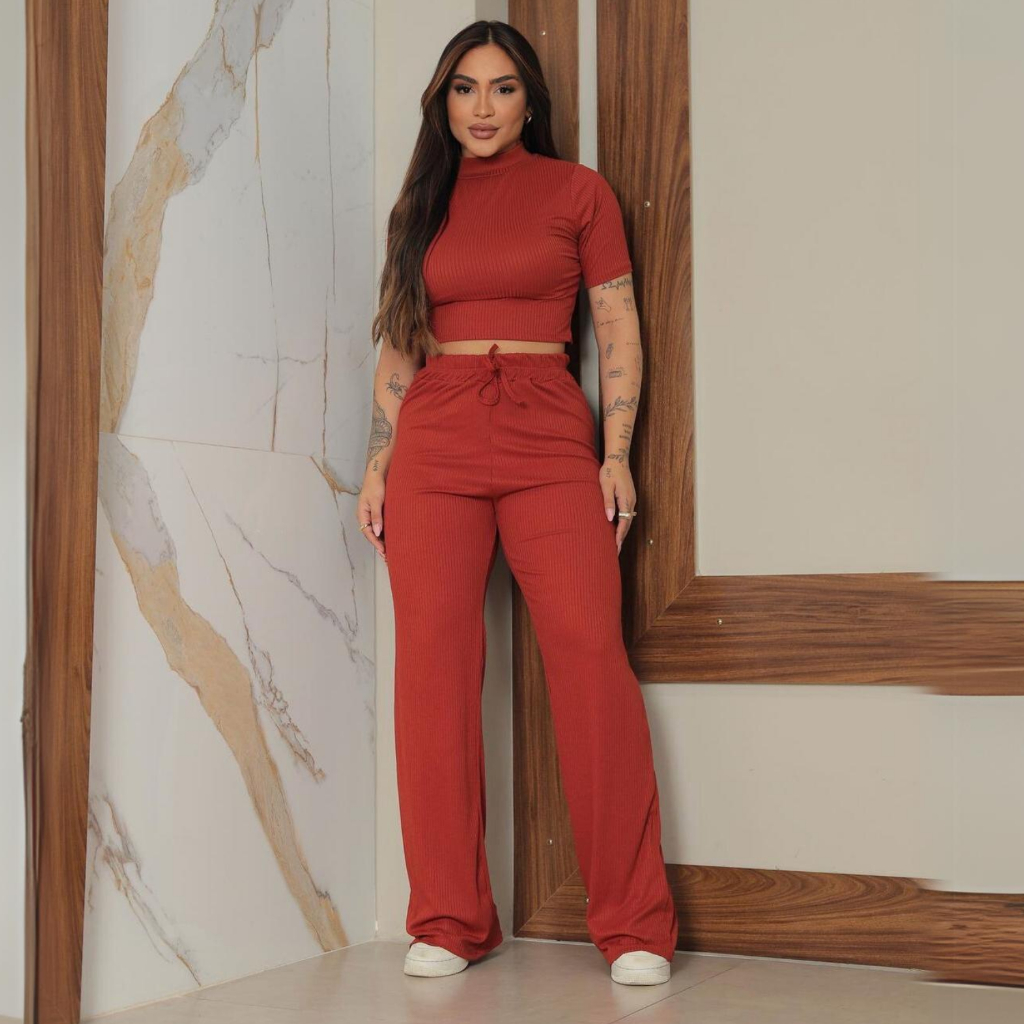 Conjunto Feminino Social Calça Pantalona e Blusa Cropped Varias Cores no Canelado Premium Trabalho