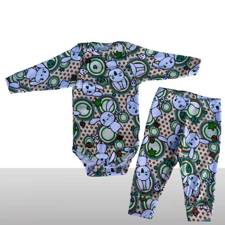 3 Conjunto Estampado Body e Calça Infantil Bebê Recem nascido Ribana Canelada