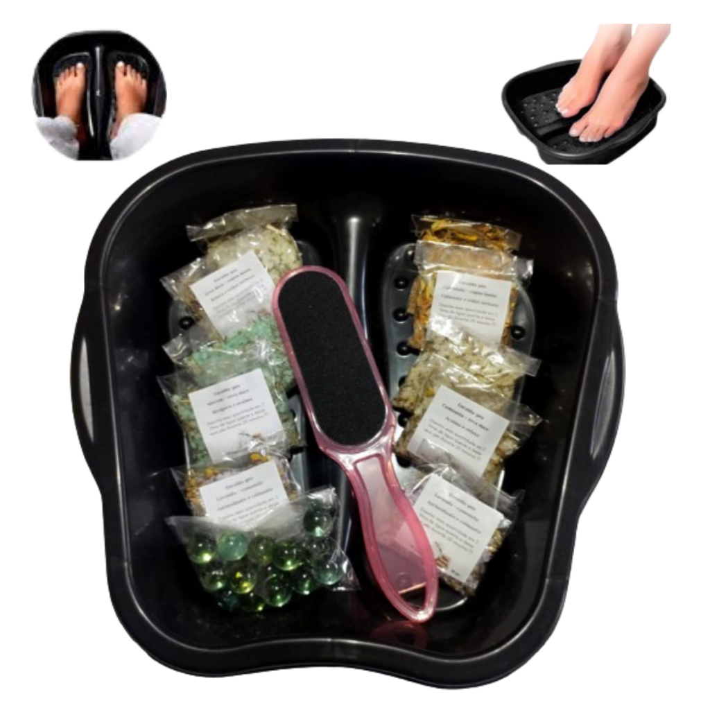 Kit.- Escalda-pés, Relaxante. Acompanha:- Bacia-Pedicure,- Lixa,- Bolinhas-de-Massagens,- Descanso,- Alívio-para-os-Pés.