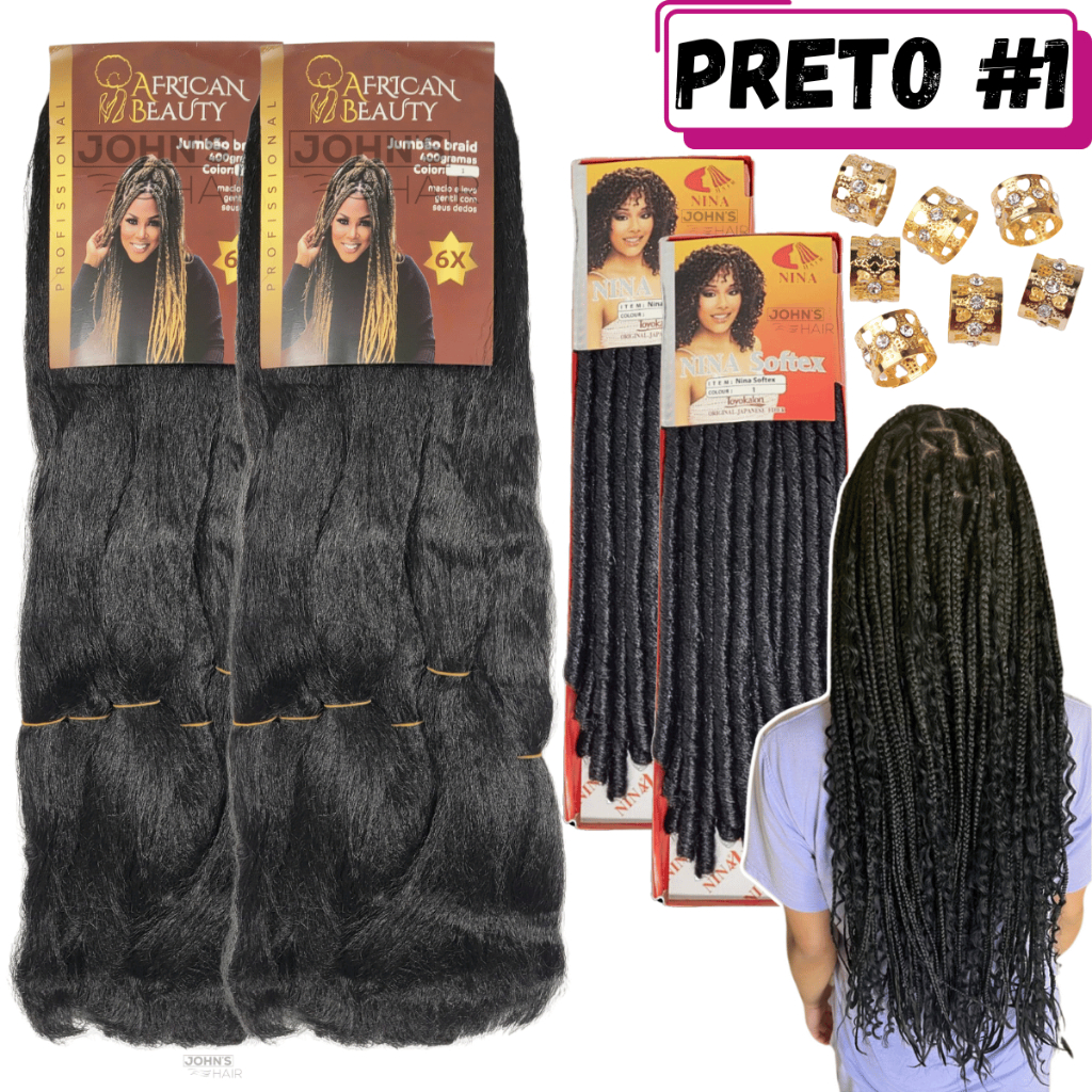 Kit Gypsy 2 Cabelo Jumbo African Beauty Box Braids Kanekalon + 2 Cachos Nina Softex Crochet Braids + Anéis