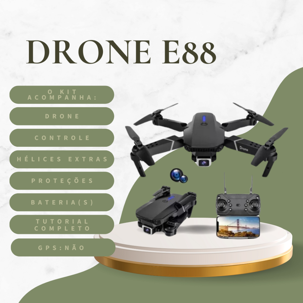 Drone Profissional E88 PRO, com  Câmera 4K, App Completo Video/Foto, Wi-Fi, Voo 360 com Bolsa