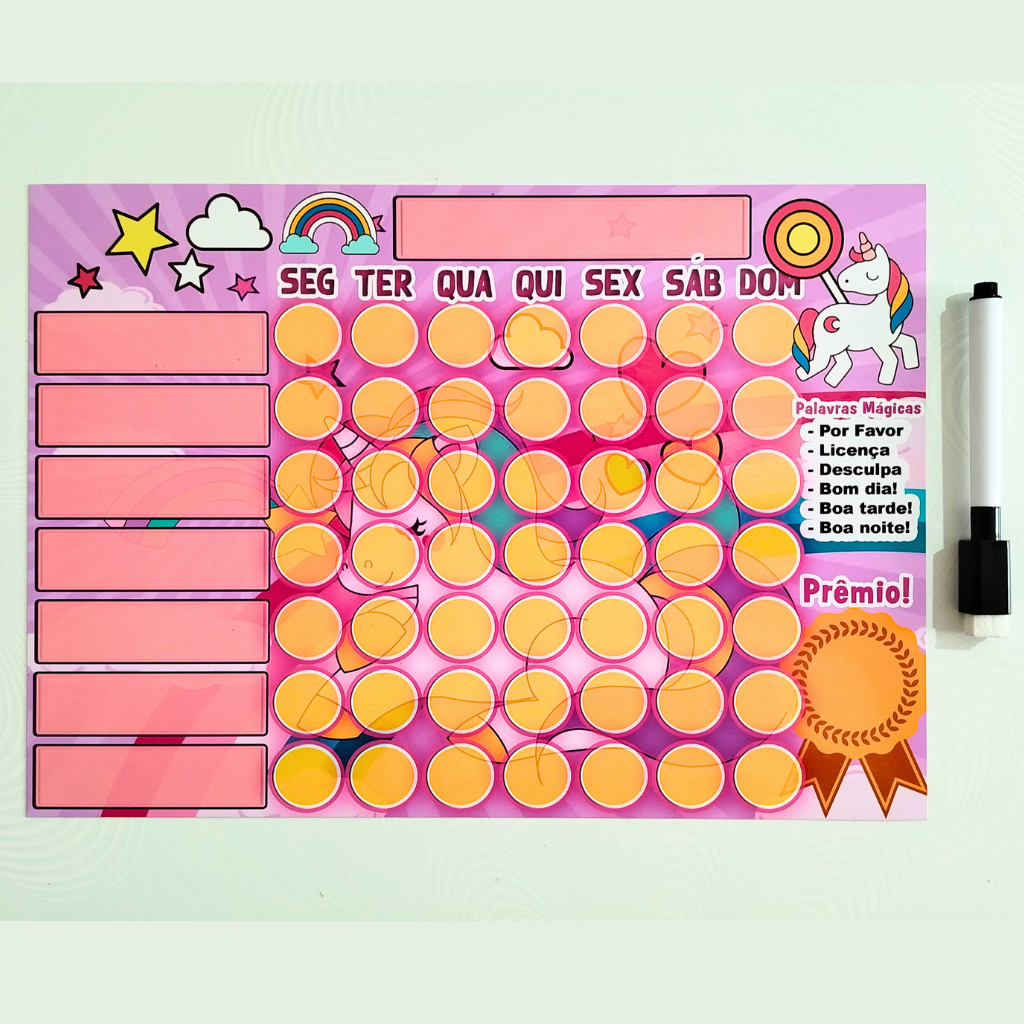 Quadro De Incentivo/Tarefas Lousa Ímã de Geladeira Vários Temas com Caneta 30x21cm Unicórn...