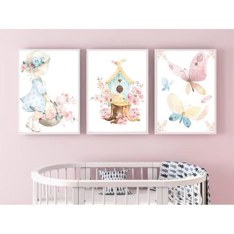 Kit 3 Peças Quadro Decorativo Garotinha Campo De Borboletas Decoração Quarto Infantil Menina Peça