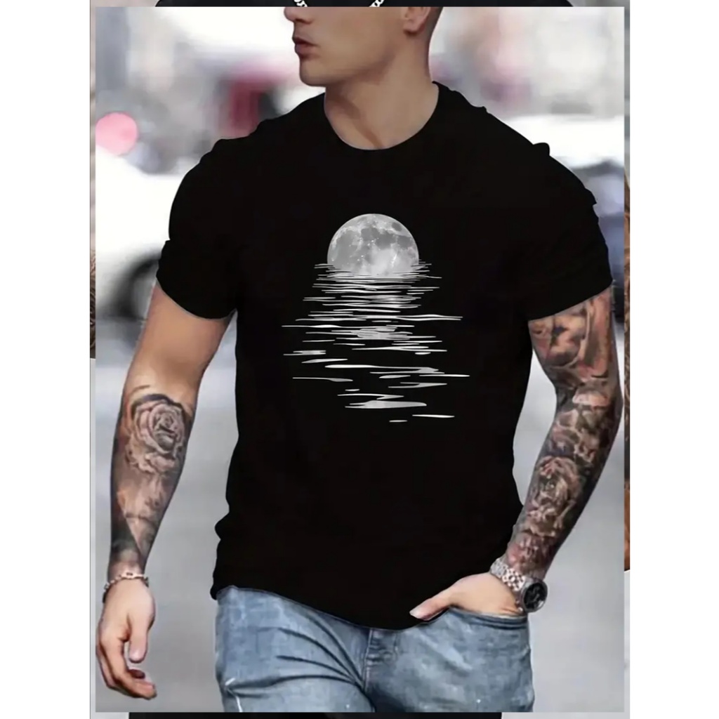 Camiseta Masculina Básica Comum - Estampa Reflexo Lua em Oferta na Shopee
