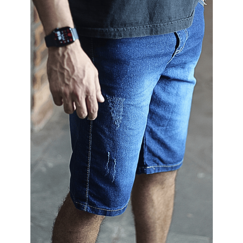 Short Jeans Masculino Slim Azul Médio com Detalhe Puído Lycra Elastano - Diversos Modelos Jeans