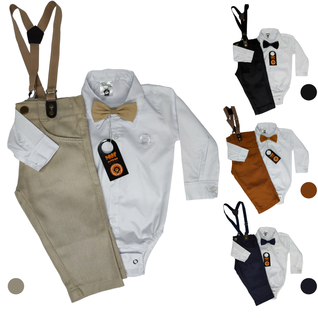 Conjunto body social manga longa calça e suspensório gravata - para batizado festa casamen...