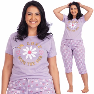 Pijama Pescador Manga Curta Feminino Floral Bermuda Capri Malha Premium em Oferta na Shopee