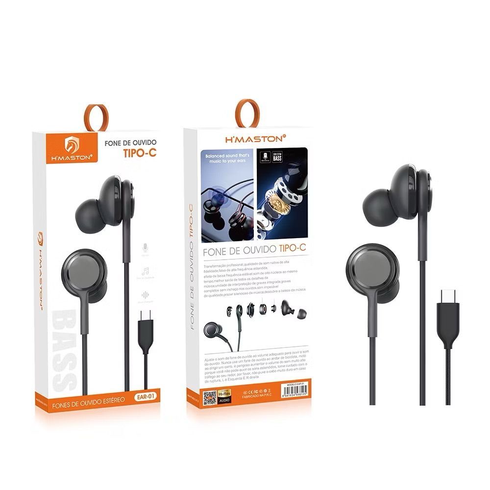 H´MASTON Fone de Ouvido Com Fio EAR-01 Tipo-C Fones de Ouvido Estéreo Com Microfone HD Fone Fio Hi-Res Áudio