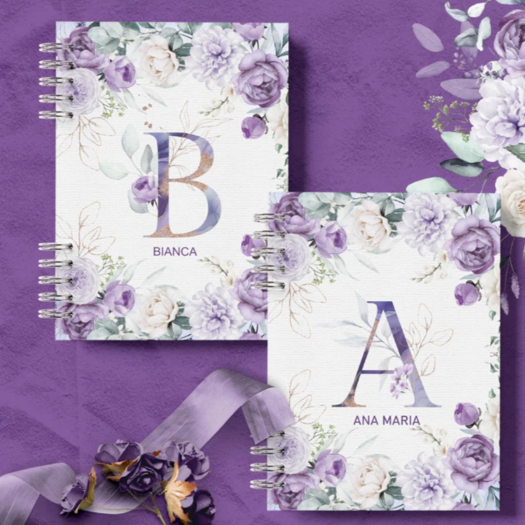 Caderno/agenda coleção violeta  A5 alfabeto Floral personalizado com inicial e nome VIOLETA