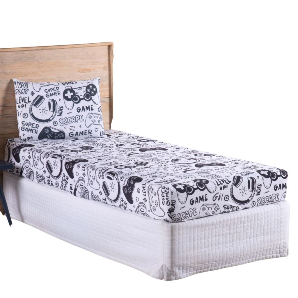 Jogo Lençol Roupa Cama Elastico Solteiro 2 Pçs Fronha Quarto Criança Infantil Gamer Menino Branco