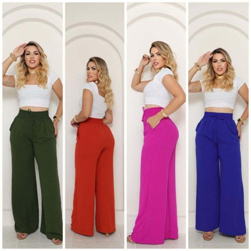 Calça Pantalona Femenina Cintura Alta Com Elastico Bolsos E Forrado Tecido Duna