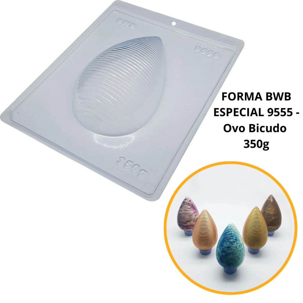 1~4 Forma BWB Com Silicone (3 partes) Para Chocolate Cód. 9555 - Ovo Bicudo 350g. Páscoa