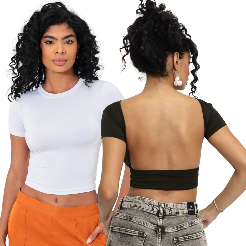 Kit 02 Baby Tee e Mostra Costas Feminina - Blusa Slim Fit Manga Curta em Oferta na Shopee