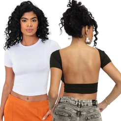 Kit 02 Baby Tee e Mostra Costas Feminina - Blusa Slim Fit Manga Curta