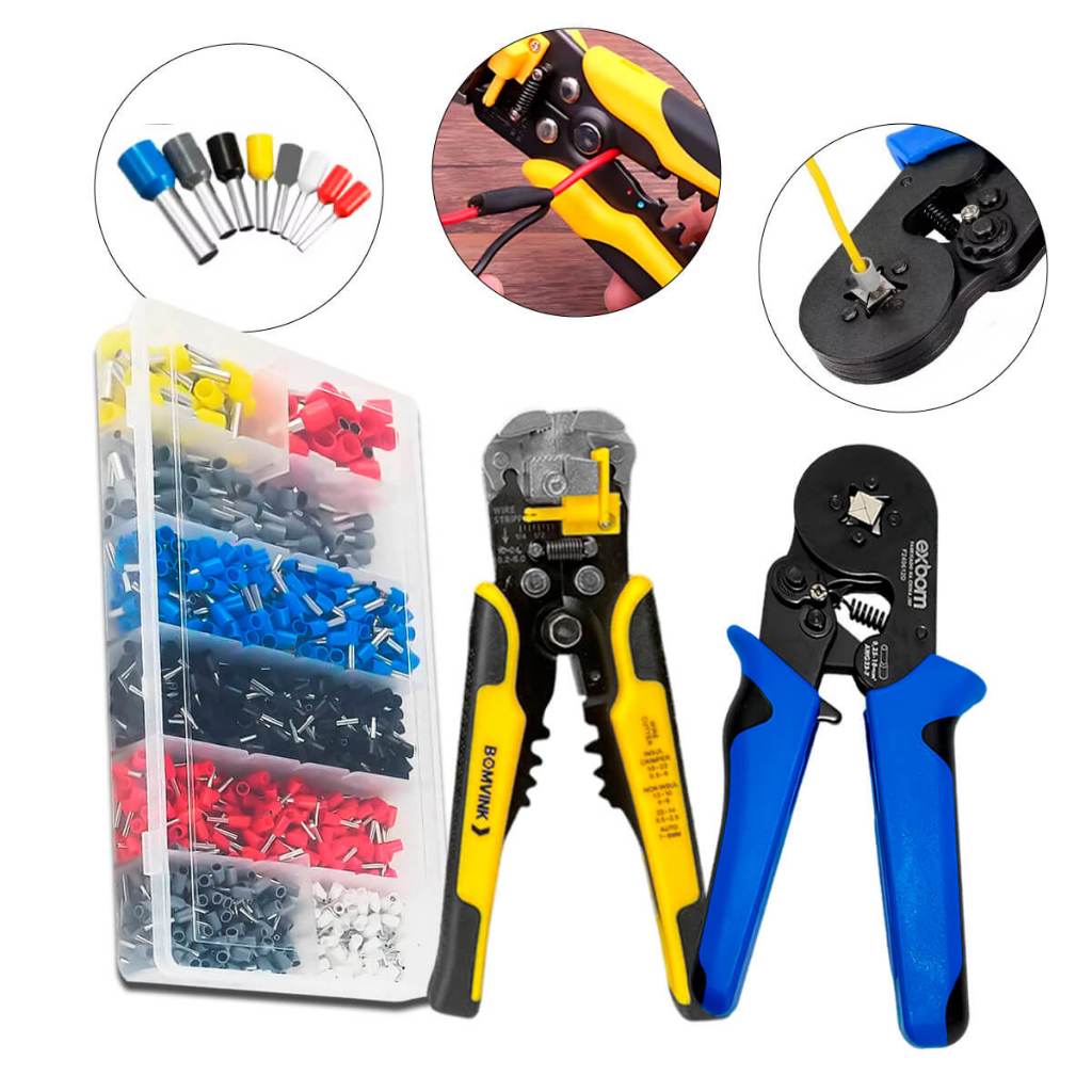 Kit Alicate Desencapador Automático + Alicate Crimpar Prensa Terminal Ilhós 0,25 a 10mm² 1200 Ilhós