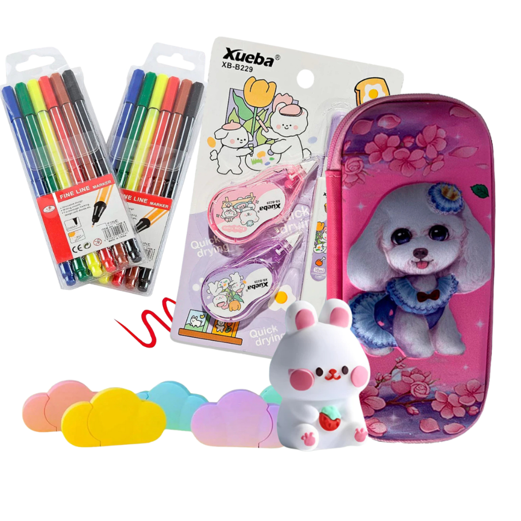 Kit Estojo Escolar Canetas Apontador Fofo Marca texto Corretivo Completo