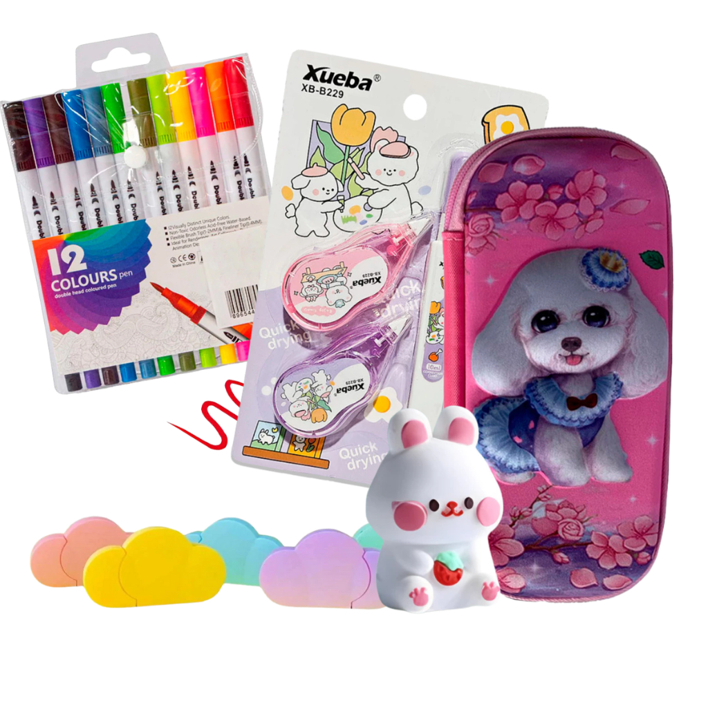 Kit Estojo Escolar Canetas Coloridas Apontador Fofo Marca texto Corretivo Completo