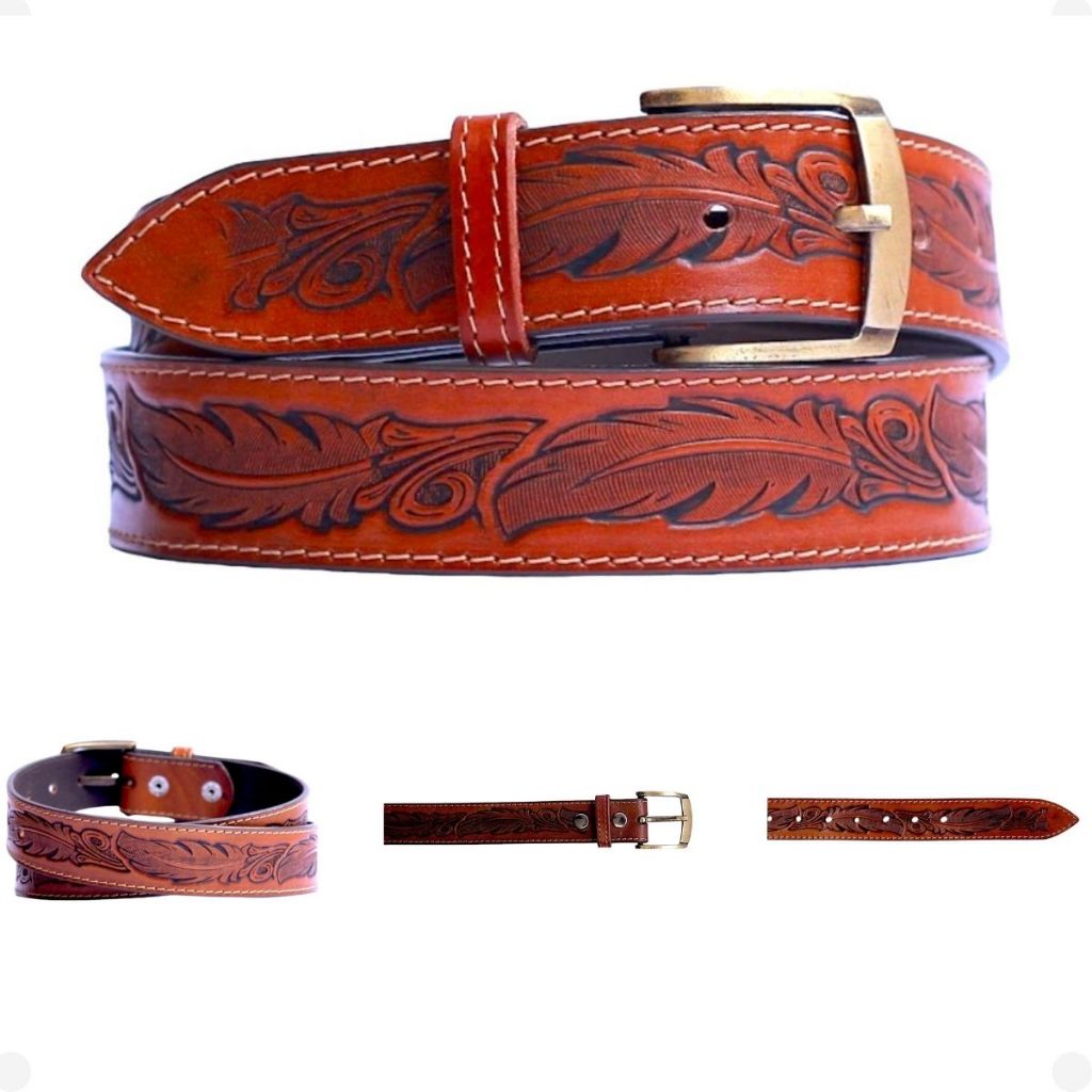 Cinto Country de Couro 100% Legítimo Feito a Mão com Fivela Dourada e Costuras em Oferta na Shopee
