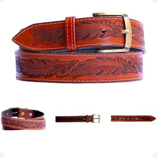 Cinto Country de Couro 100% Legítimo Feito a Mão com Fivela Dourada e Costuras em Oferta na Shopee