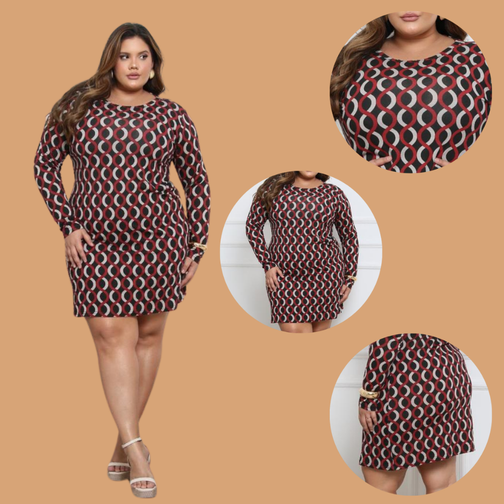 Vestido Curto Manga Longa Lindo Elegante Plus Size Curve Curfy Estampado - Women Clothes