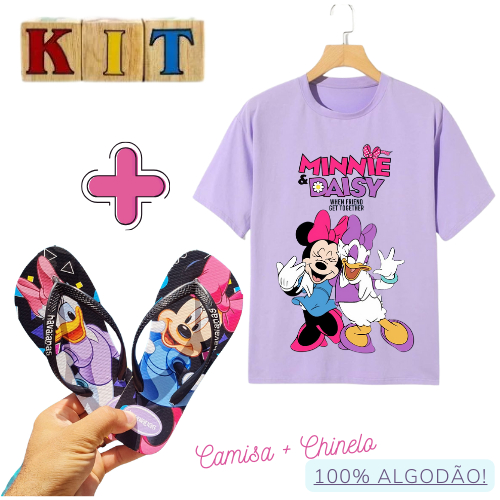 KIT: Chinelo + Camisa Infantil Menina Minnie e Margarida Disney sandália de dedo Blusa 100% algodão Tendência PROMOÇÃO
