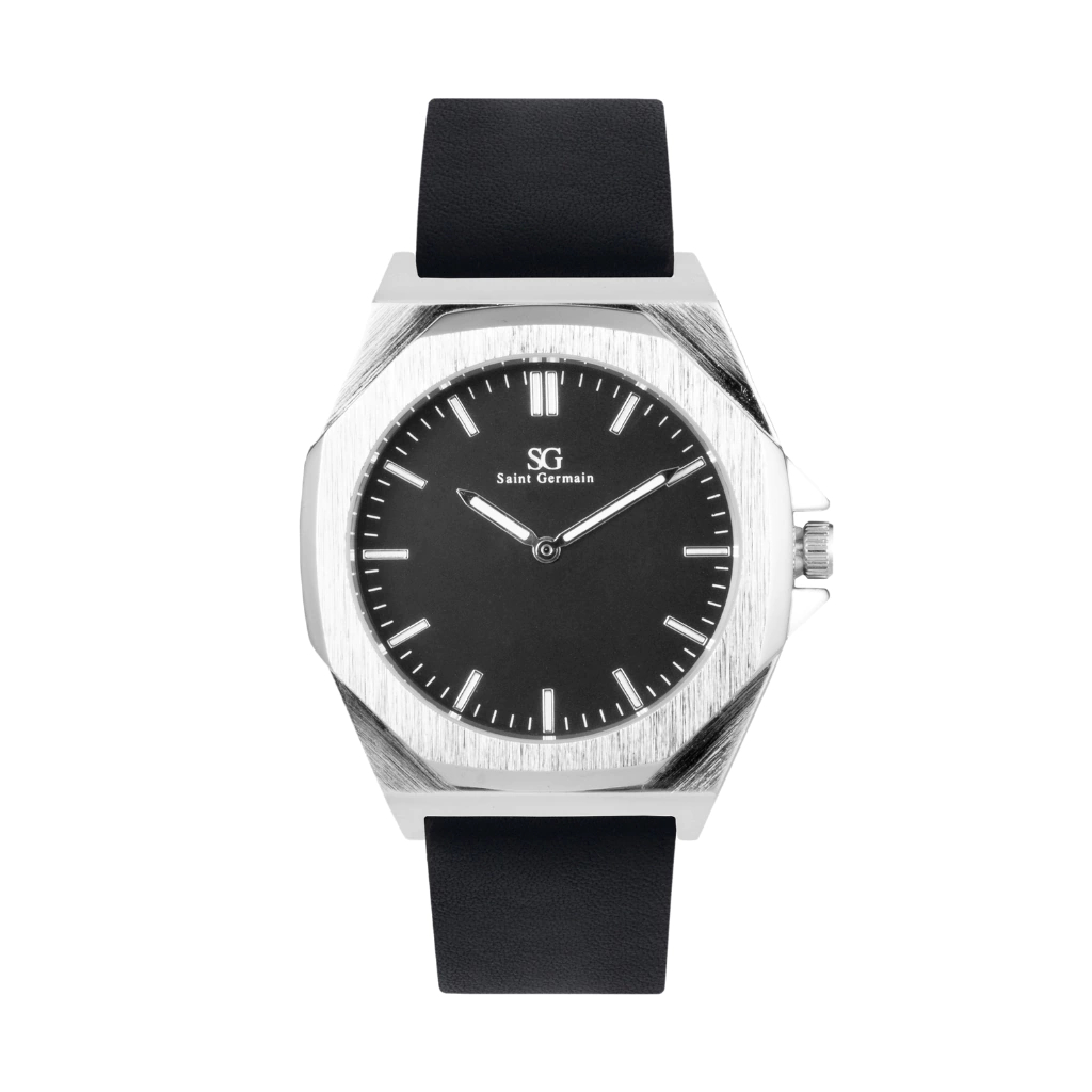 Relógio Masculino Saint Germain Hudson Murray Metal Prata Fundo Preto Pulseira de Couro Preta