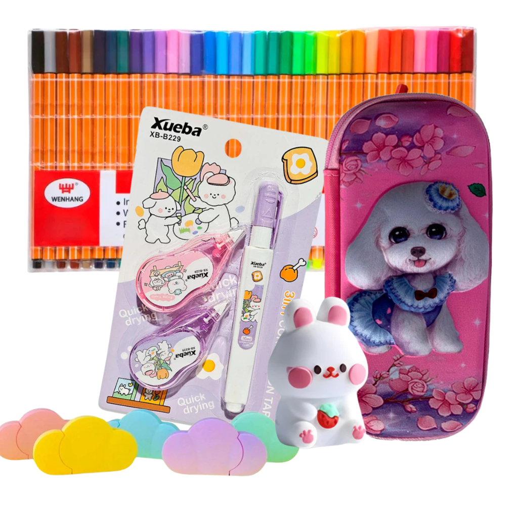Kit Estojo Escolar Canetas Com 36 Unidades Apontador Fofo Marca texto Corretivo Completo