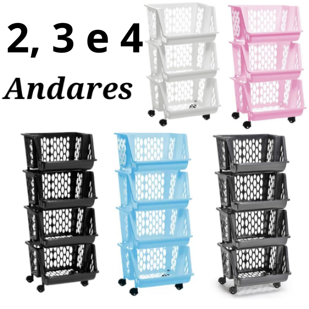 Organizador Multiuso Cesto de Plástico c Rodinhas 2, 3 ou 4 andares Empilhável Diversas Cores em Oferta na Shopee
