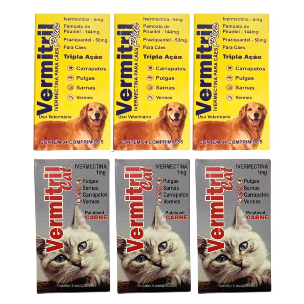Kit 12 comprimidos Vermitril Gatos + 12 comprimidos Vermitril cães 30kg