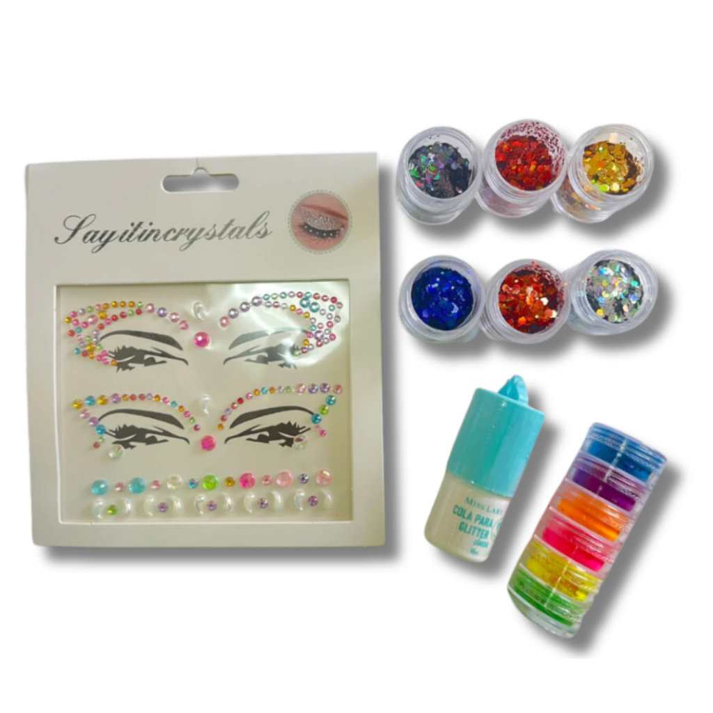 Kit Carnaval com 6 Glitter + Máscara Strass Autocolante + Torre Neon Pigmentada + Cola Glitter