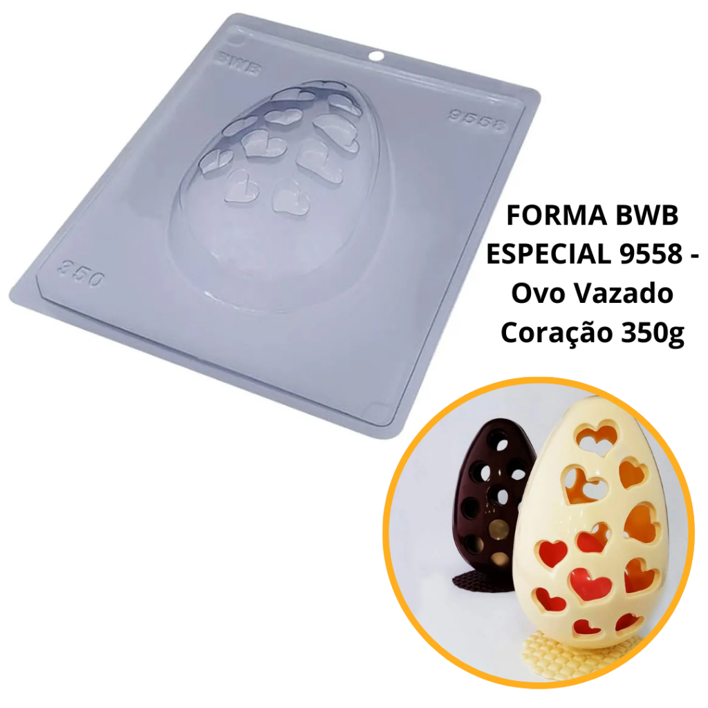 1~4 Forma BWB Com Silicone (3 partes) Para Chocolate Cód. 9558 - Ovo Vazado Coração 350g. Páscoa (CHOCO) em Oferta na Shopee