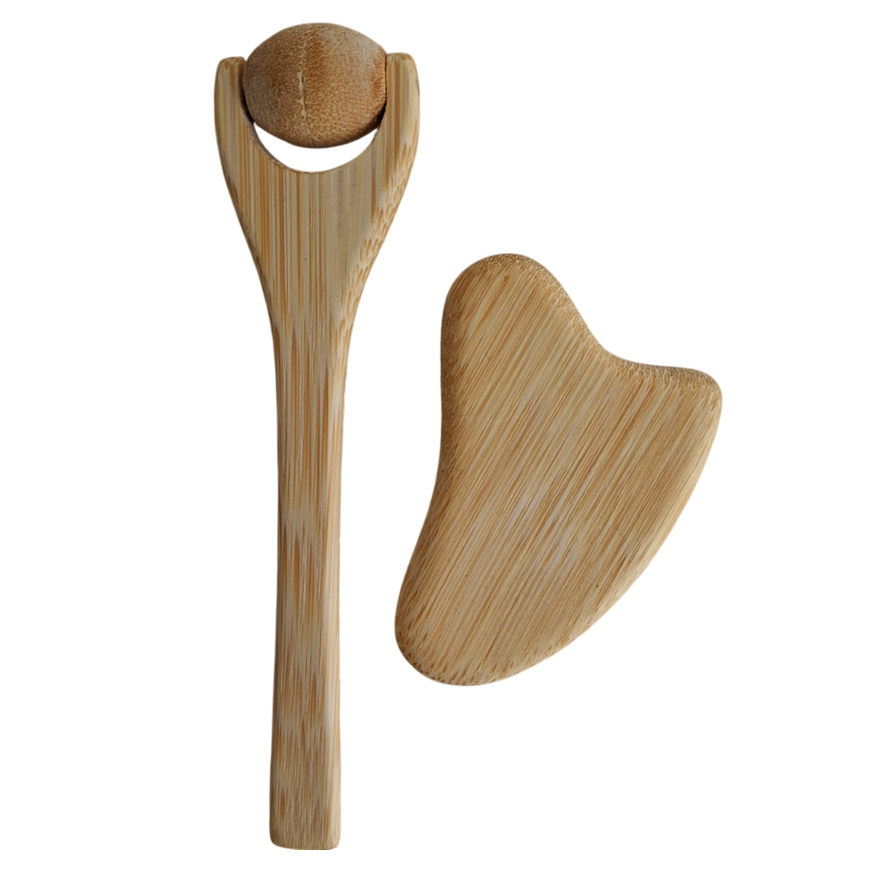 Kit Massageador De Rosto com Roller e Gua Sha de Bambu Antirrugas Skincare Cuidado com a Pele